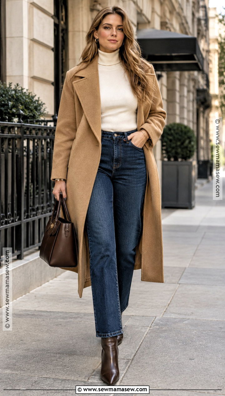 Straight Leg Jeans With a Turtleneck and Long Coat - 20 straight leg jeans outfits fall