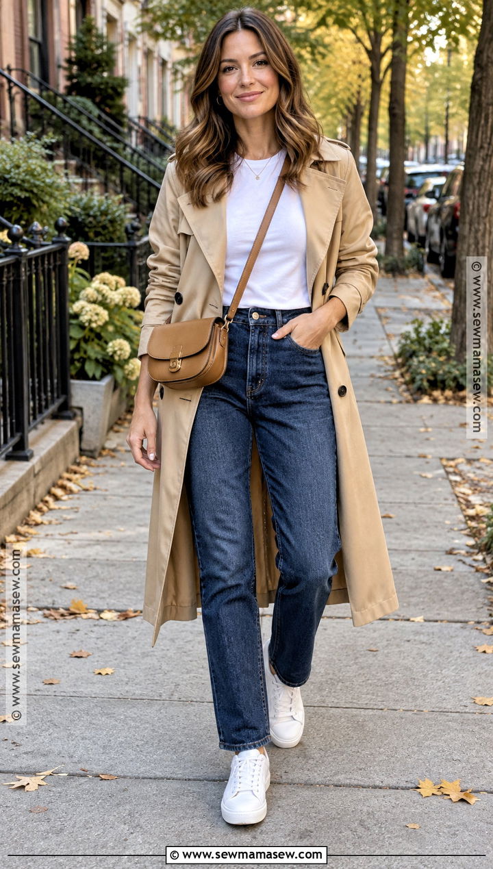 Straight Leg Jeans and Trench Coat Fall Outfit - 15 fall outfits for moms over 30
