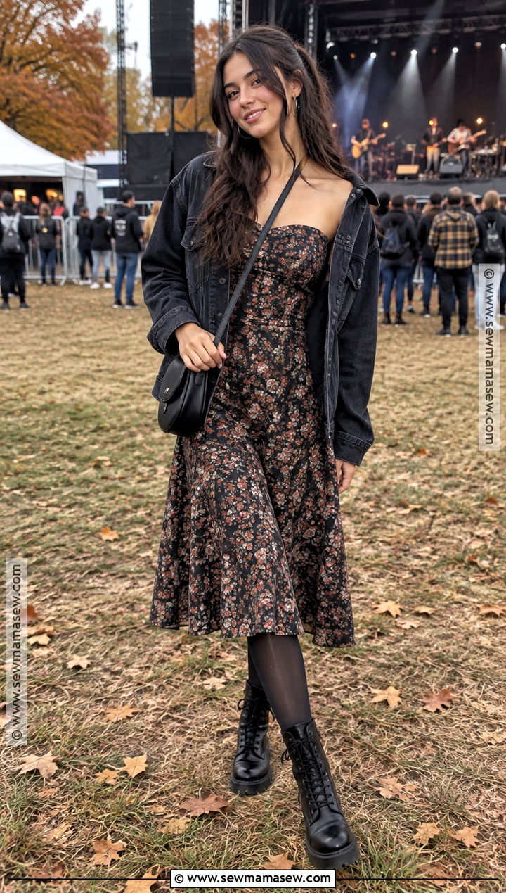 Strapless Dress With Denim Jacket And Combat Boots - 15 Strapless Dress Fall Outfit Ideas