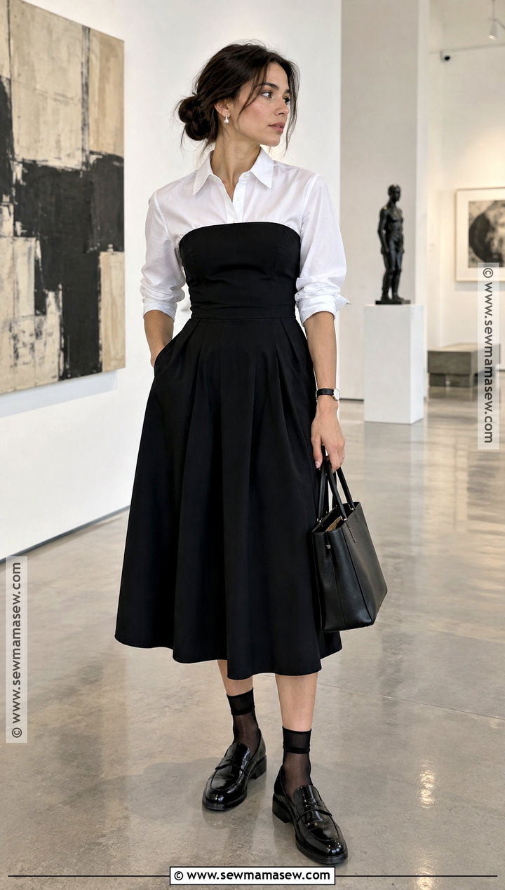 Strapless Midi Dress Over A White Button Down Shirt With Loafers - 15 Strapless Dress Fall Outfit Ideas