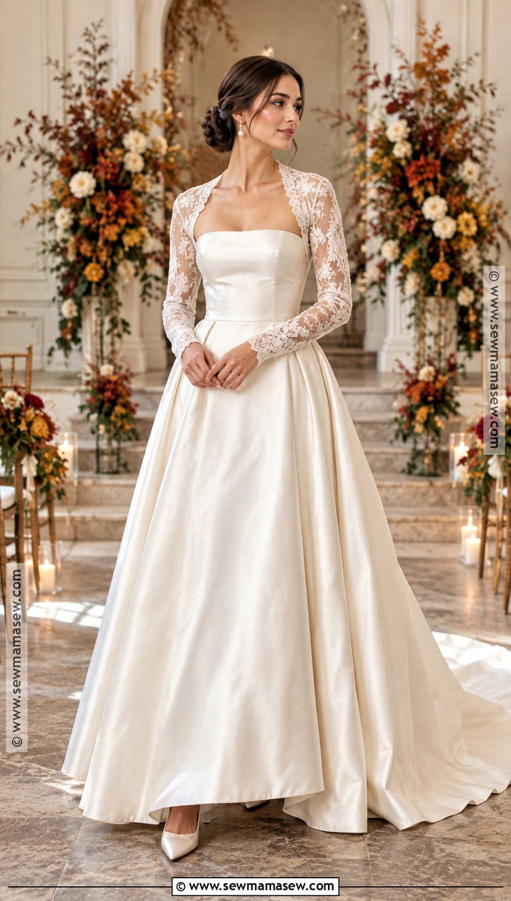 Strapless Satin Wedding Dress With Lace Bolero - 15 Fall Wedding Dress Coverup Ideas