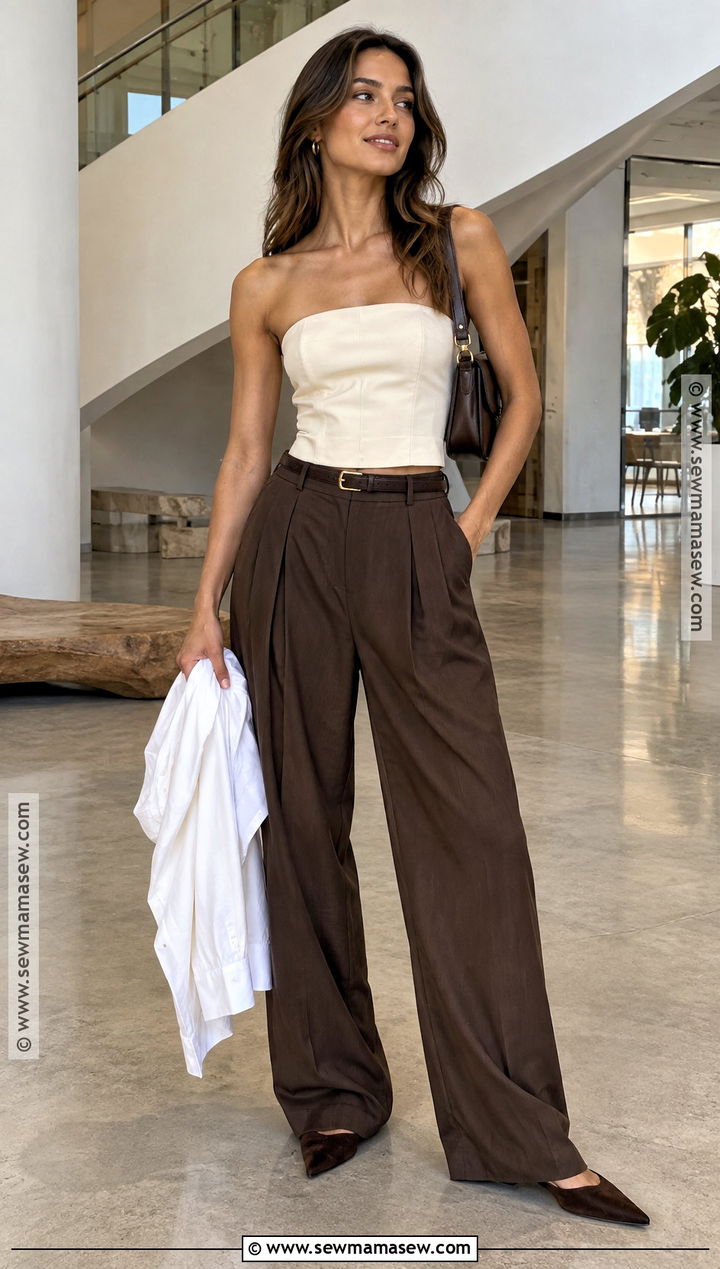 Strapless Top And Pleated Trousers Fall Outfit - 20 warm day fall outfits