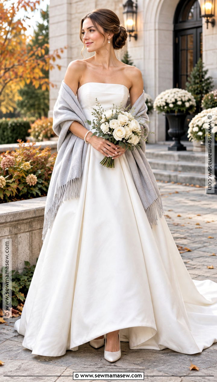 Strapless Wedding Dress With Cashmere Wrap - 15 Fall Wedding Dress Coverup Ideas
