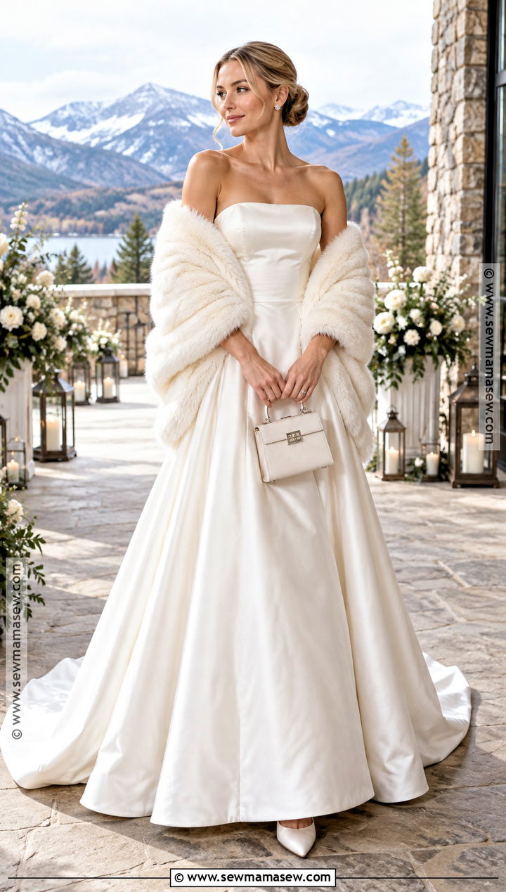 Strapless Wedding Dress With Faux Fur Wrap - 15 Autumn Wedding Accessory Inspiration Ideas