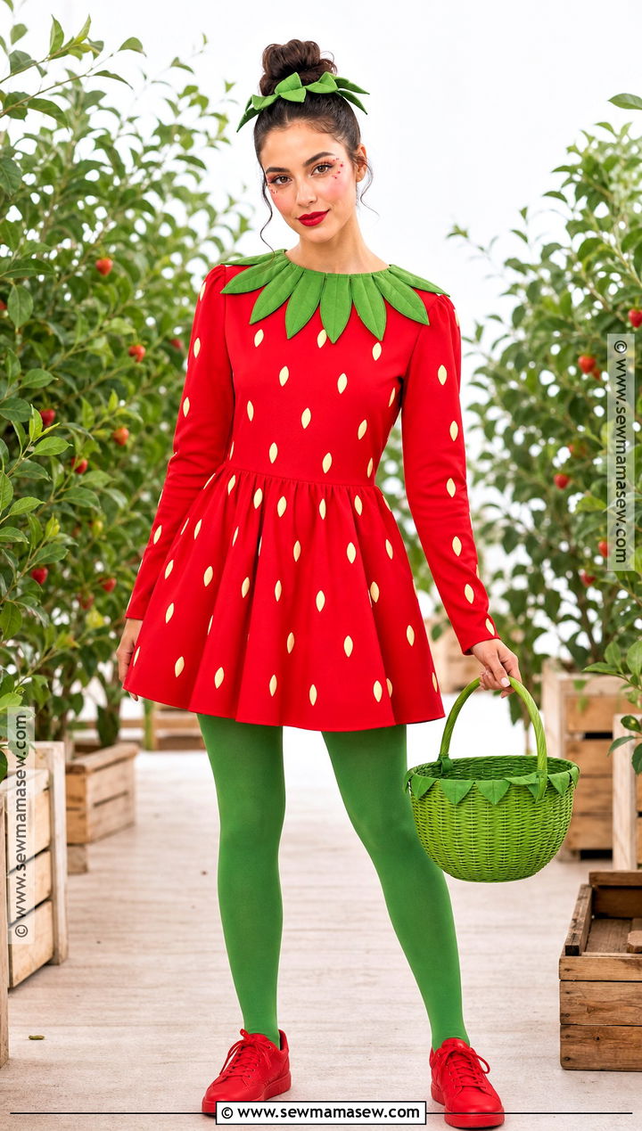 Strawberry Costume With Green Leaf Collar - 35 Halloween Costume Solo Ideas