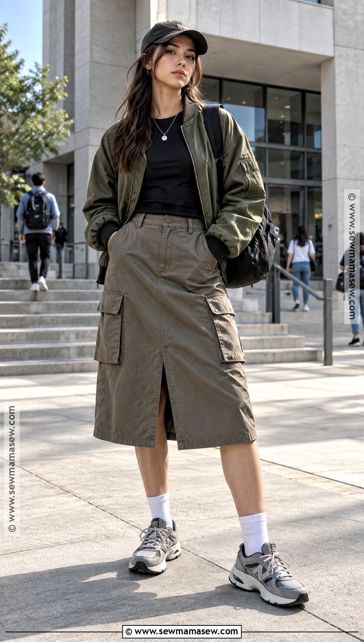 Streetwear Bomber Jacket And Cargo Skirt Outfit - 15 back to school outfit aesthetic ideas