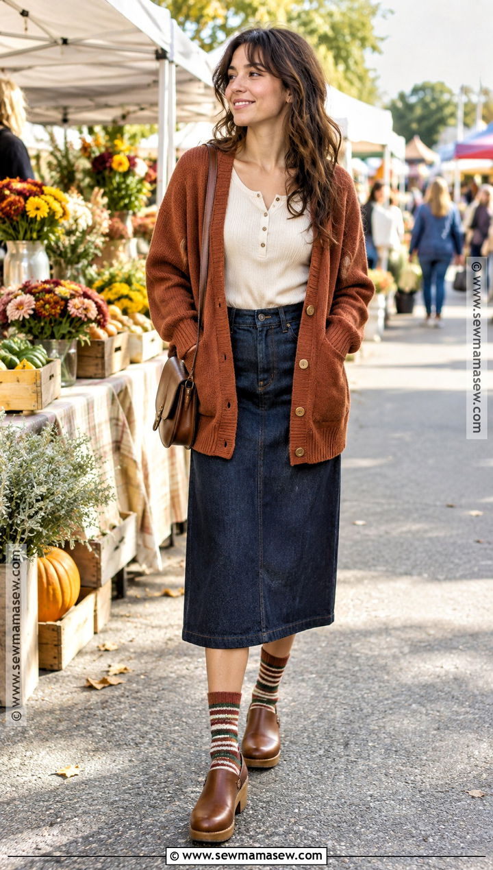 Striped Autumn Socks With Denim Skirt And Clogs - 20 Autumn Socks Ideas