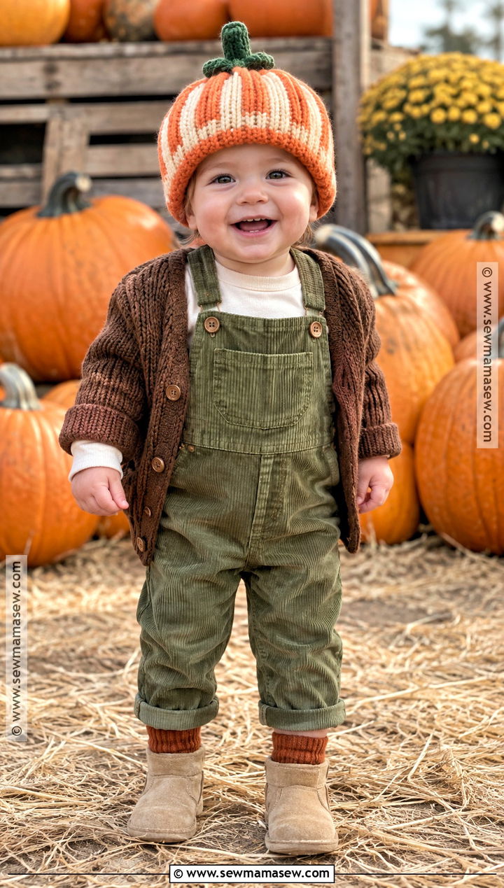 Striped Baby Pumpkin Hat With Green Overalls - 20 baby pumpkin hat ideas
