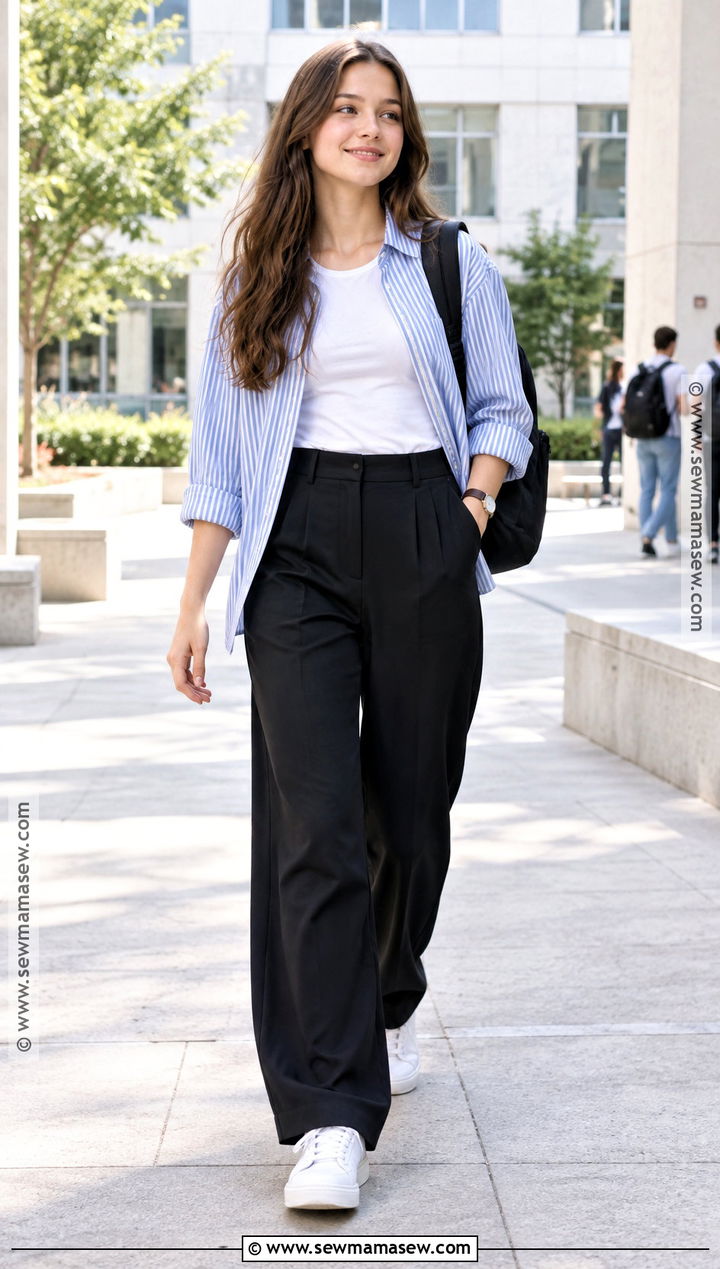 Striped Button Down And Black Trousers School Outfit - 20 back to school outfits clean for girls