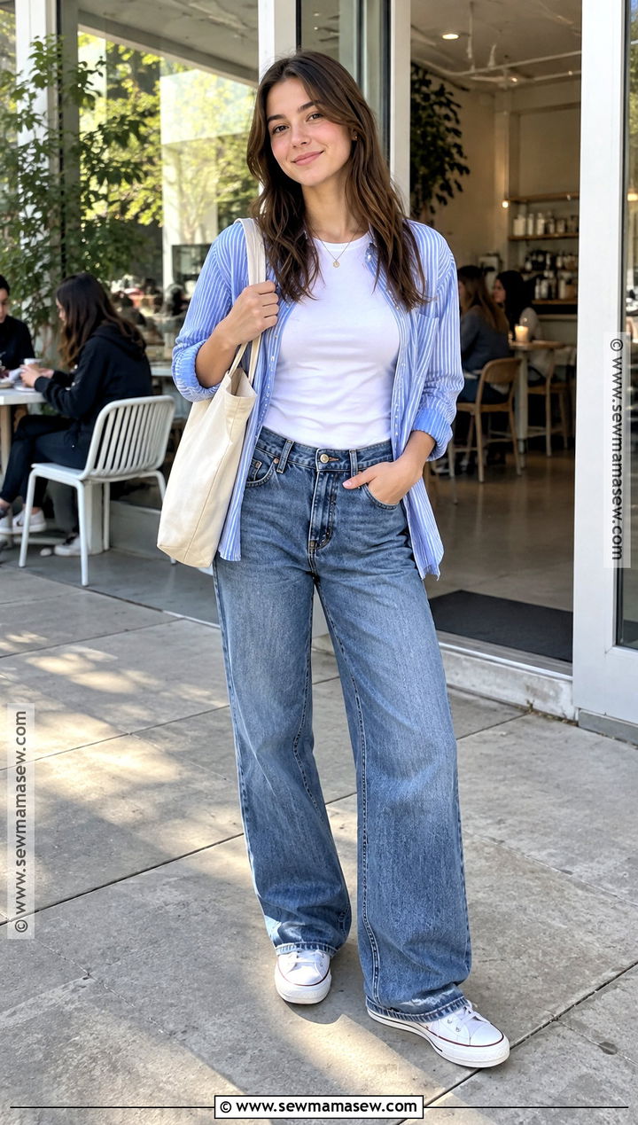 Striped Button Down And Loose Jeans School Outfit - 20 Fly Back To School Outfits