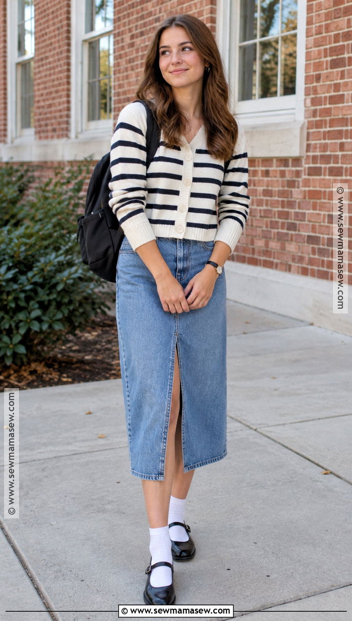 Striped Cardigan And Denim Midi Skirt Outfit - 20 back to school outfits aesthetic