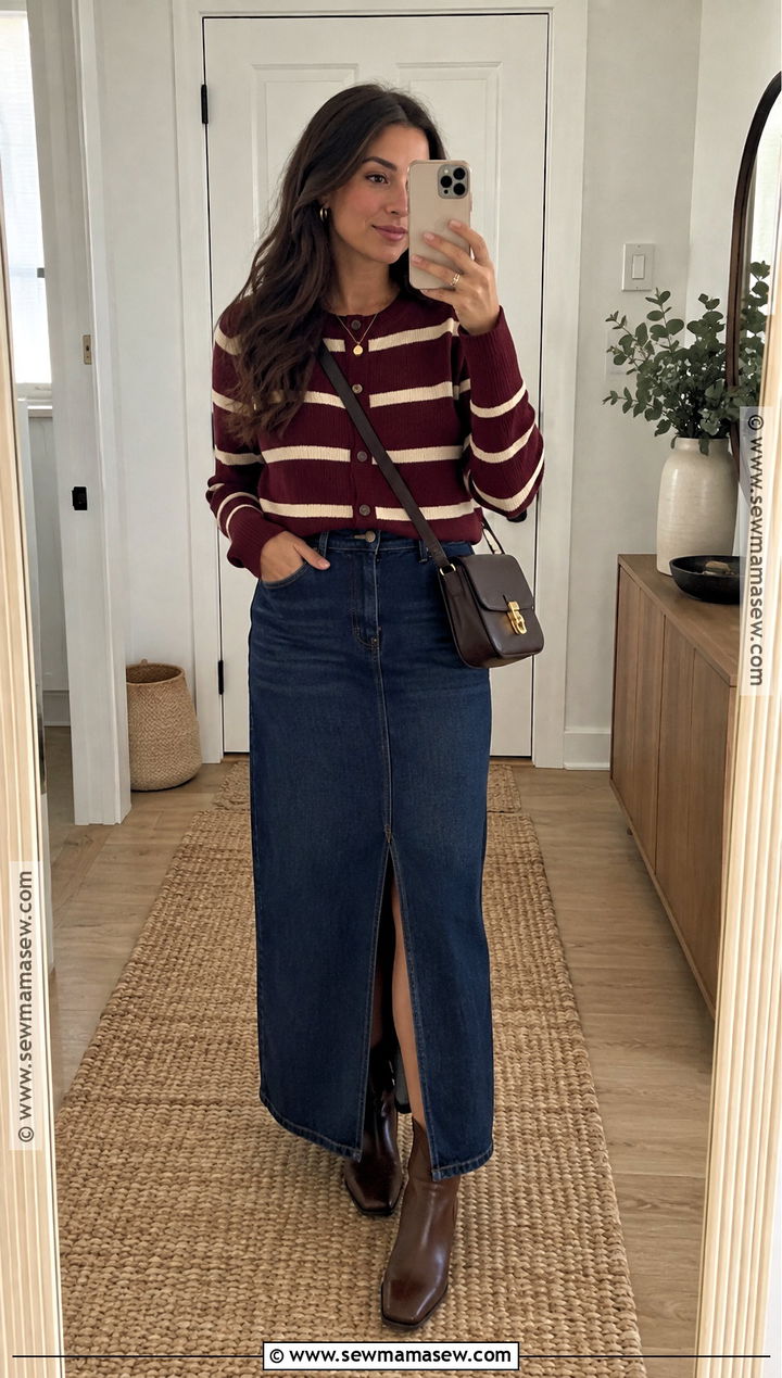 Striped Cardigan Outfit With Denim Maxi Skirt - 15 Knitwear Fall Ideas