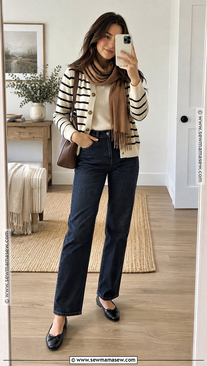Striped Cardigan With A Knit Top And Jeans - 15 autumn striped knitwear ideas