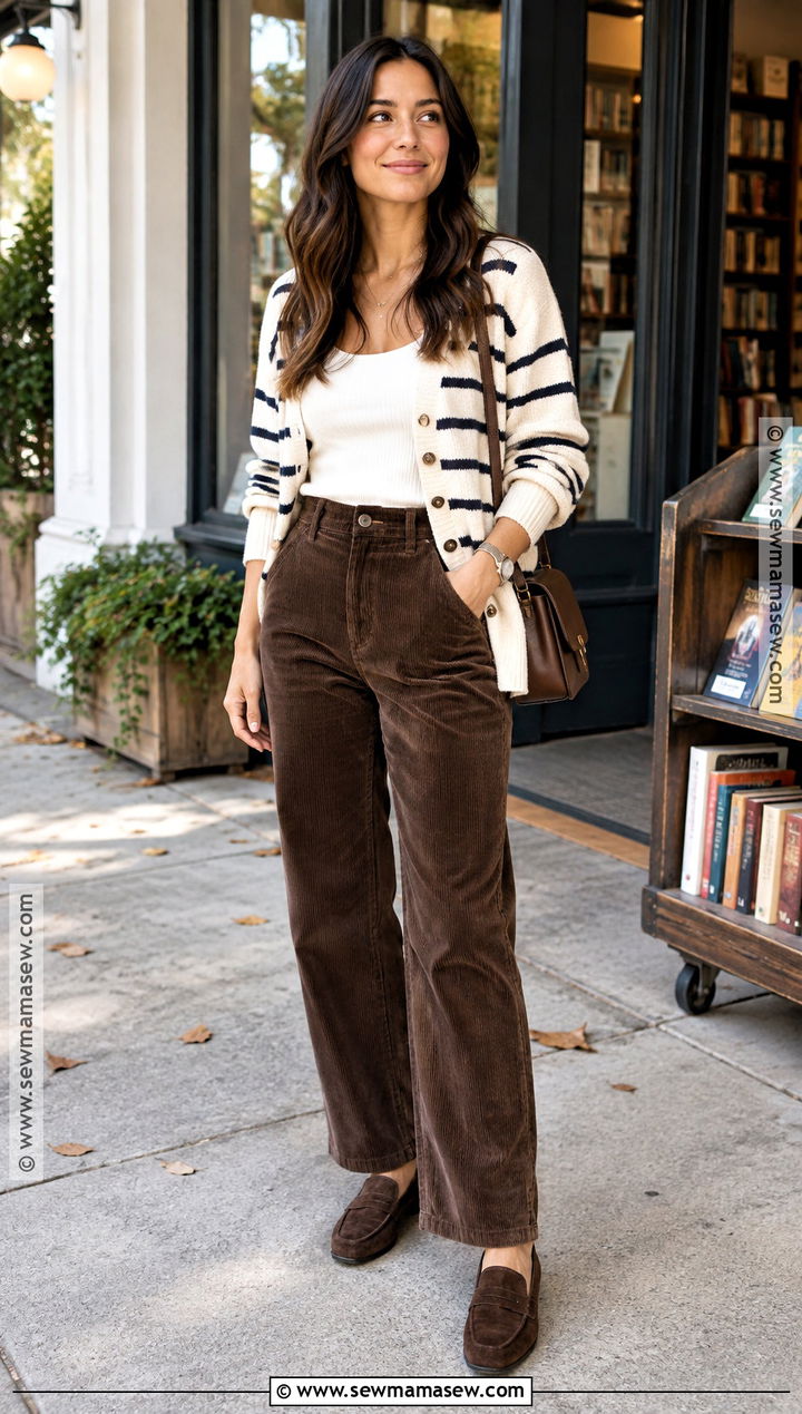 Striped Cardigan With Corduroy Pants - 15 cardigan outfit aesthetic fall ideas
