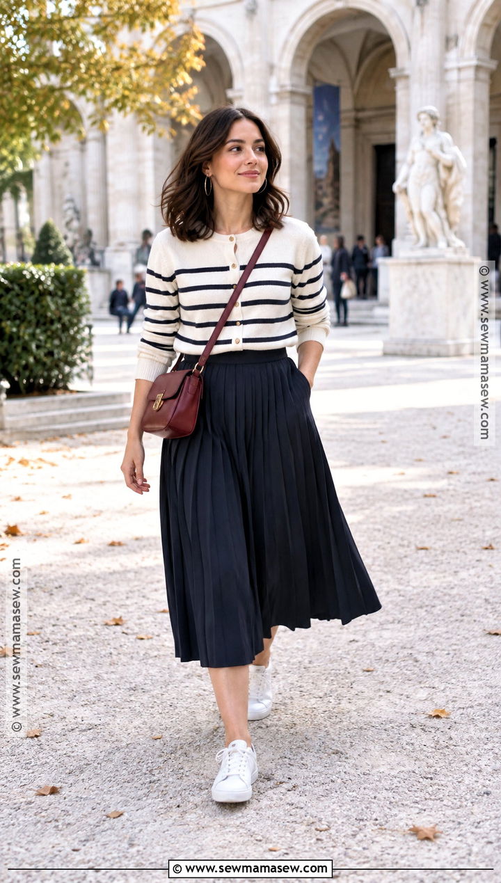 Striped Cardigan With Pleated Midi Skirt and Sneakers - 15 fall 2026 cardigan outfits