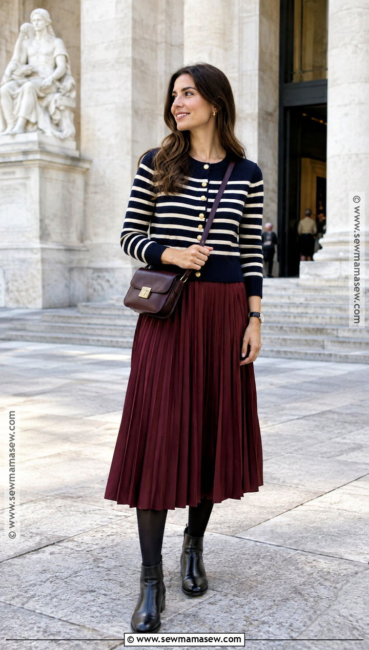 Striped Cardigan and Pleated Skirt Outfit for Europe in Fall - 20 europe in the fall outfits