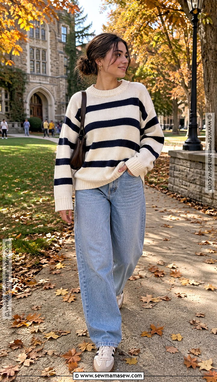 Striped Chunky Knit Sweater With Baggy Jeans And Sneakers - 15 Chunky Knit Sweater Fall Ideas