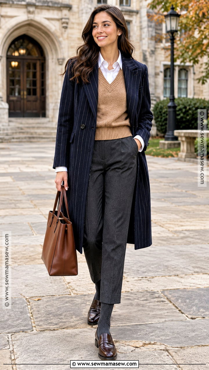 Striped Coat With A Sweater Vest And Trousers - 15 autumn striped coat ideas