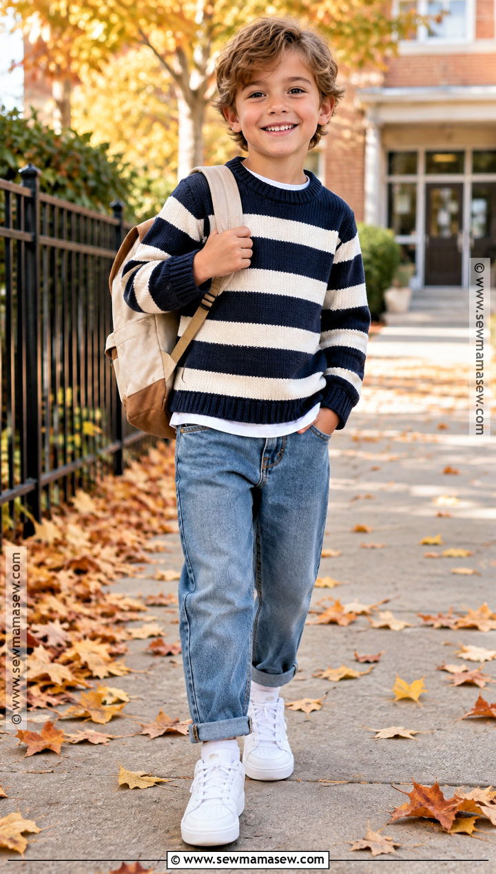 Striped Crewneck Sweater With Jeans - 15 kids fall fashion sweater ideas