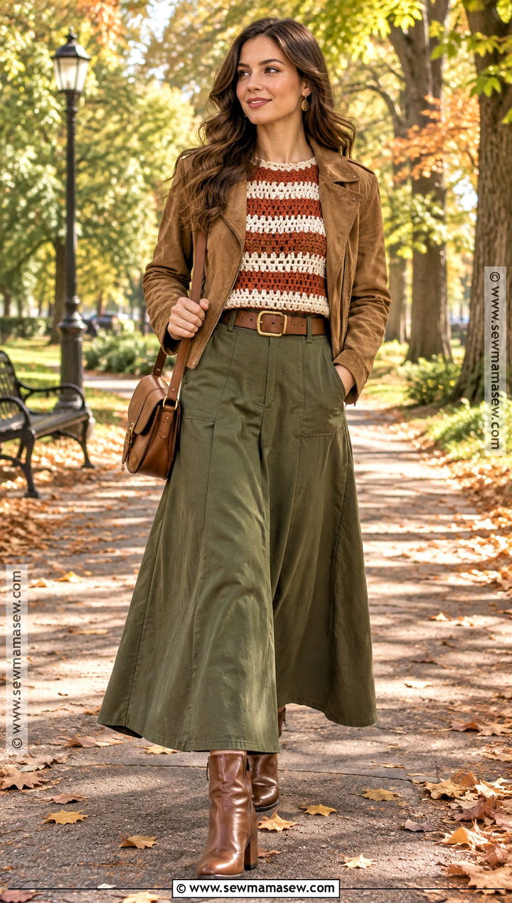 Striped Crochet Blouse With Maxi Skirt - 15 fall crochet blouse ideas