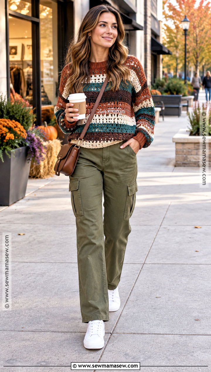 Striped Crochet Fall Top With Cargo Pants - 20 crochet fall top ideas