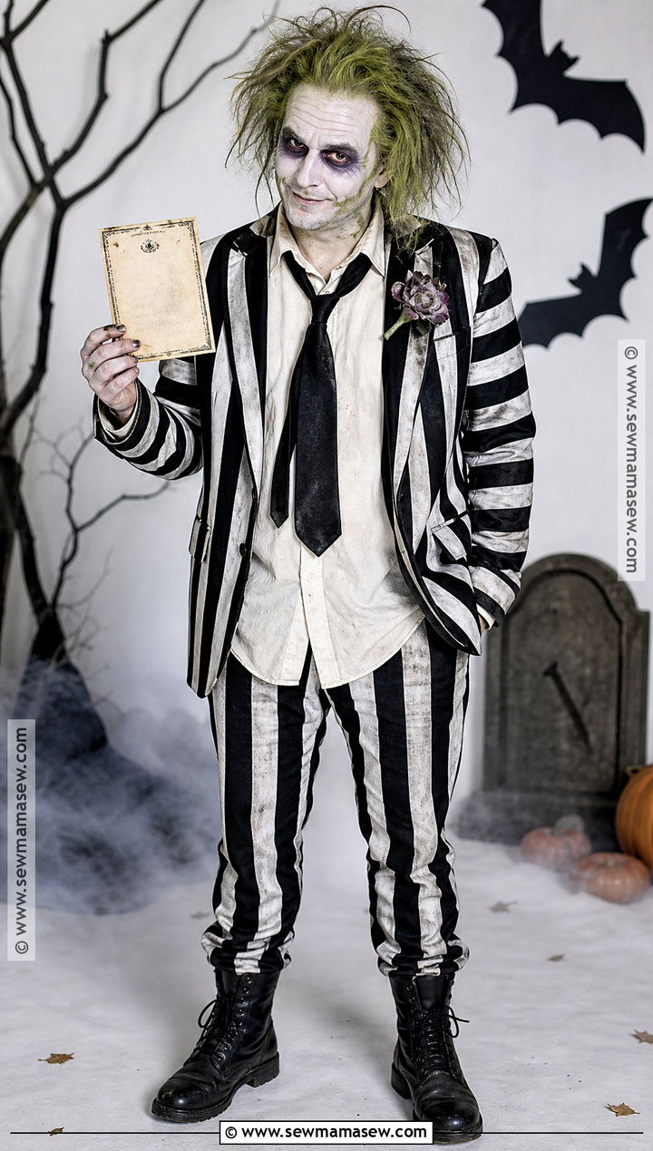 Striped Ghost Groom Costume With Green Hair - 30 Halloween Party Costume Ideas