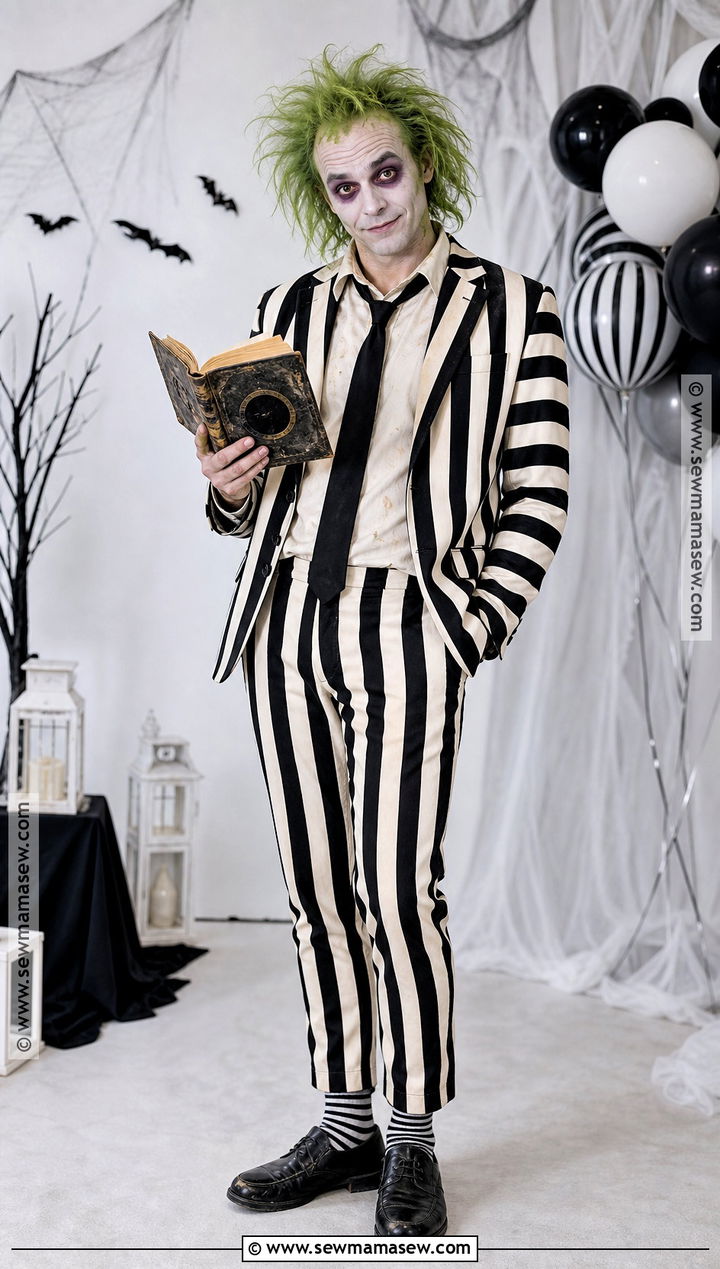 Striped Ghost Host Costume With Green Hair - 30 halloween costume party ideas