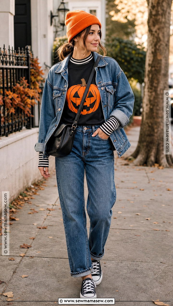Striped Halloween T Shirt With Denim Jacket - 30 halloween tshirt ideas