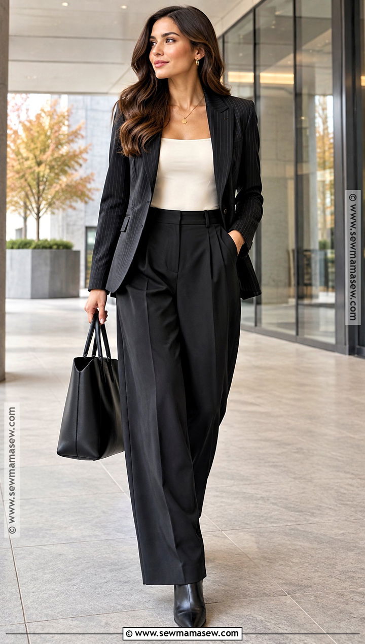Striped Jacket With Black Wide Leg Trousers - 15 autumn striped jacket ideas