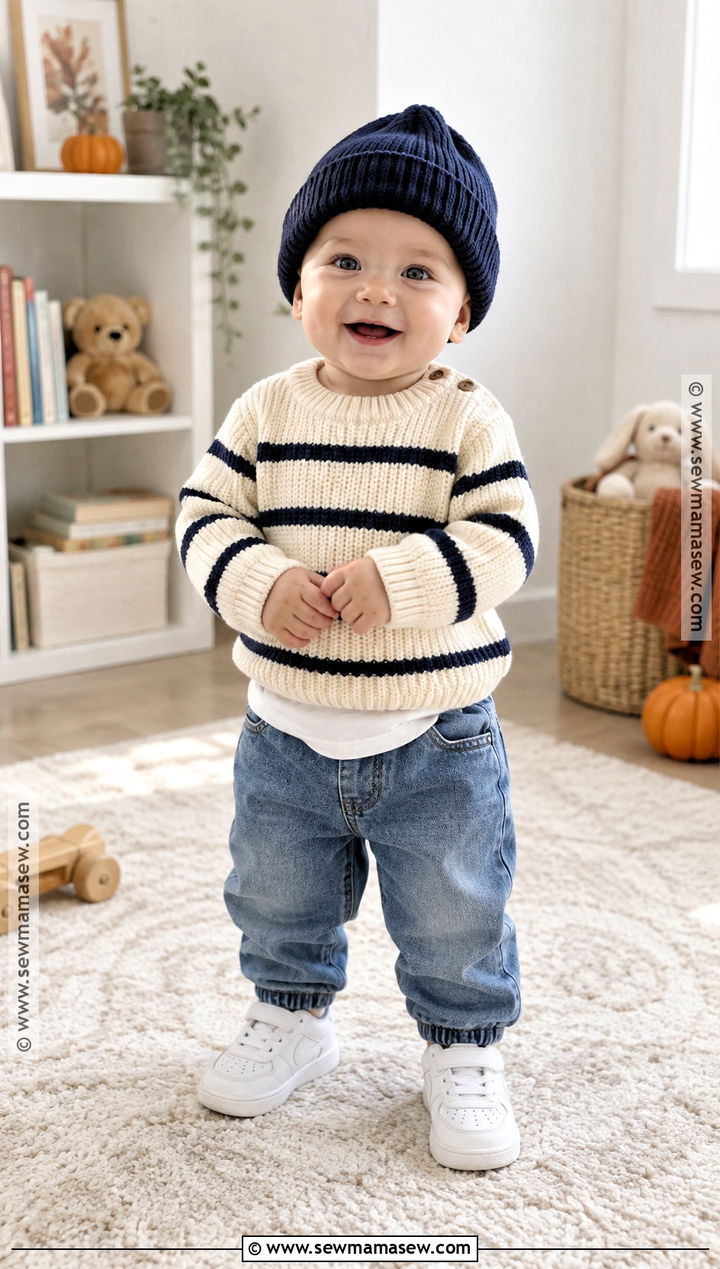 Striped Knit Baby Sweater With Soft Denim Pants - 15 Knit Baby Sweater Fall Style Ideas