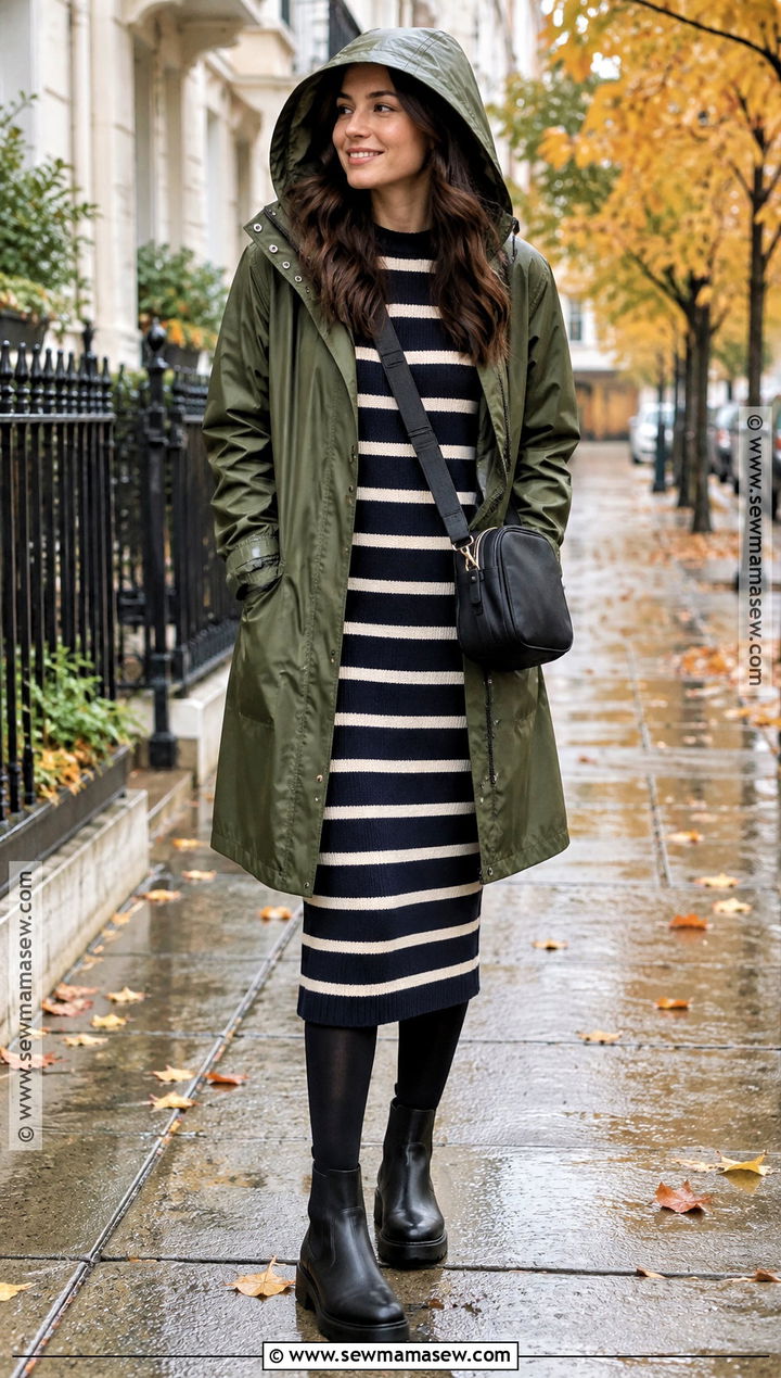 Striped Knit Dress With Raincoat And Boots - 20 fall dress outfit casual ideas