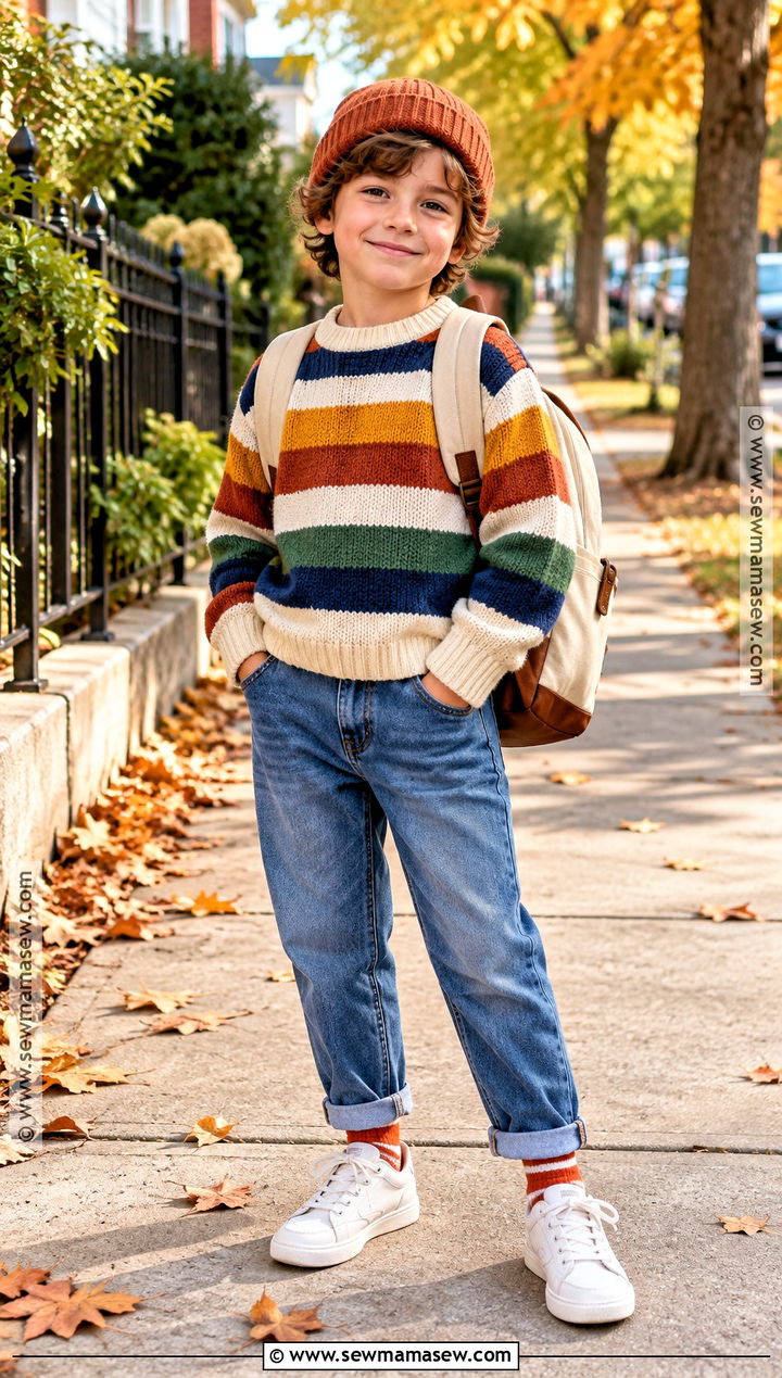 Striped Knit Sweater With Relaxed Jeans - 15 kids knitwear fall fashion ideas