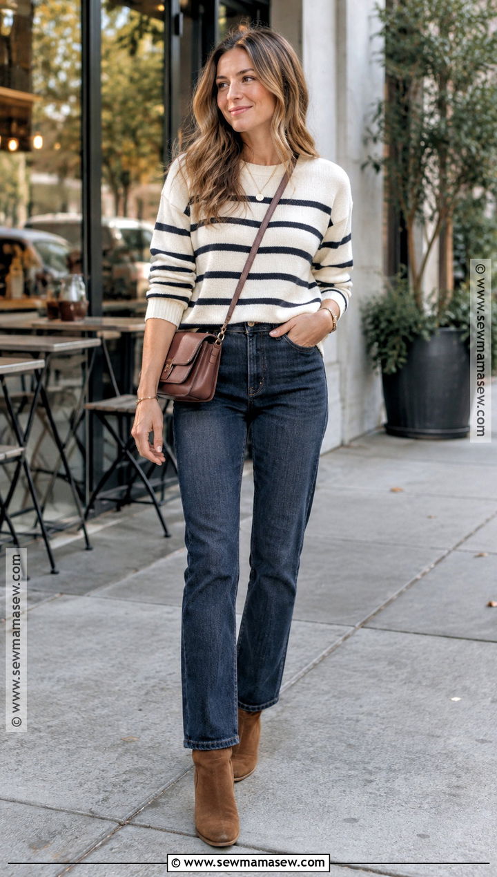 Striped Knit Top With Straight Leg Jeans - 15 Fall Fashion Knit Top Ideas