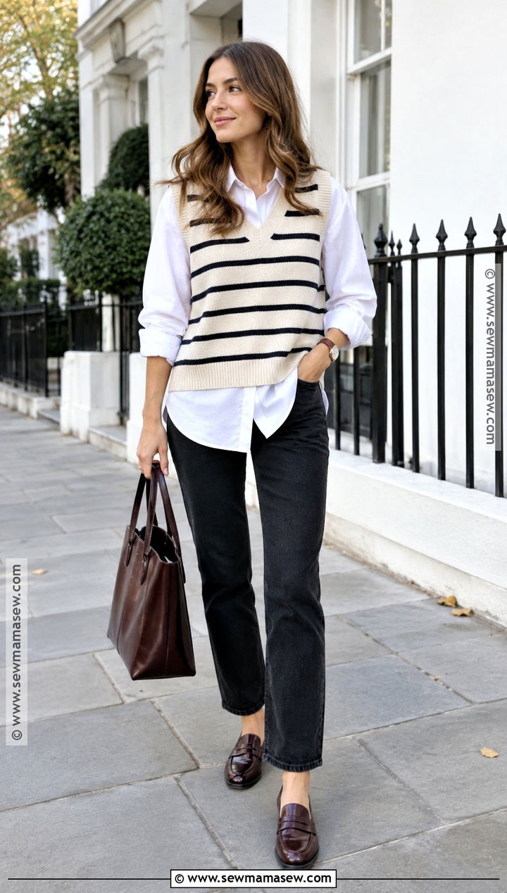 Striped Knit Vest With A Button Down Shirt - 15 autumn striped knitwear ideas