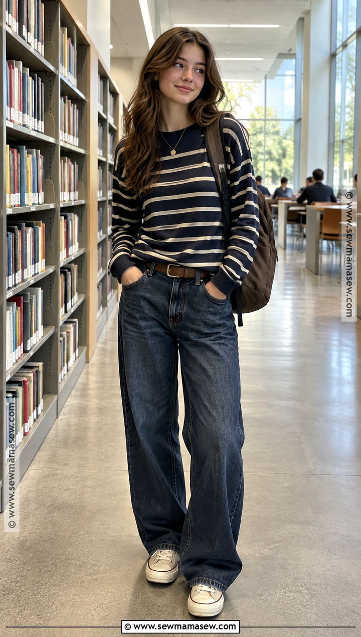 Striped Long Sleeve And Baggy Jeans Outfit - 20 Back To School Outfits Baggy Jeans