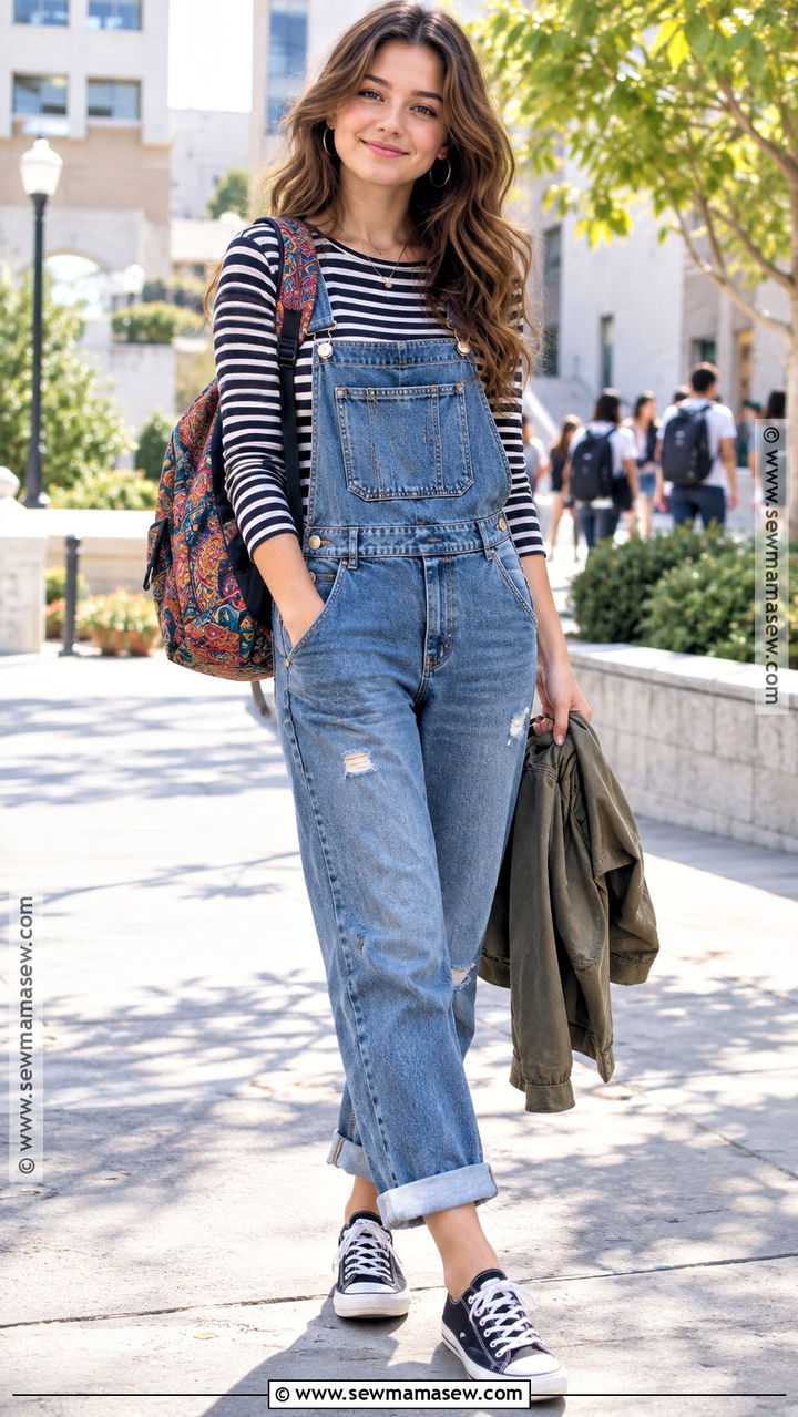 Striped Long Sleeve And Denim Overalls School Streetwear Outfit - 20 back to school streetwear outfits