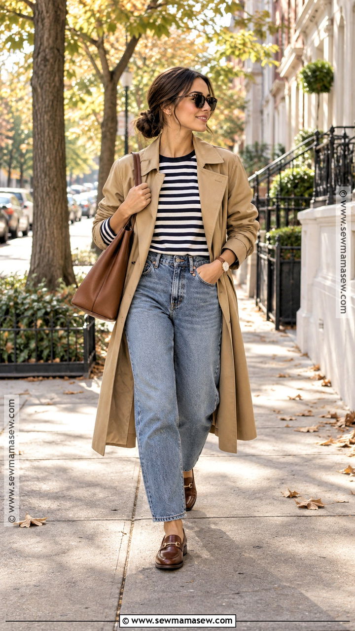 Striped Long Sleeve Fall Outfit With Barrel Jeans - 20 Long Sleeve Fall Outfits