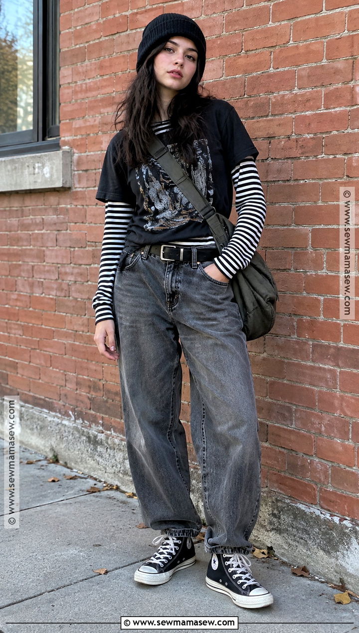 Striped Long Sleeve Tee And Baggy Jeans Fall Outfit - 25 alternative fall outfits