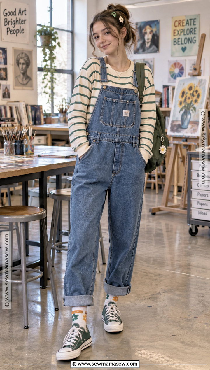 Striped Long Sleeve Tee And Overalls School Outfit - 15 back to school looks for high school