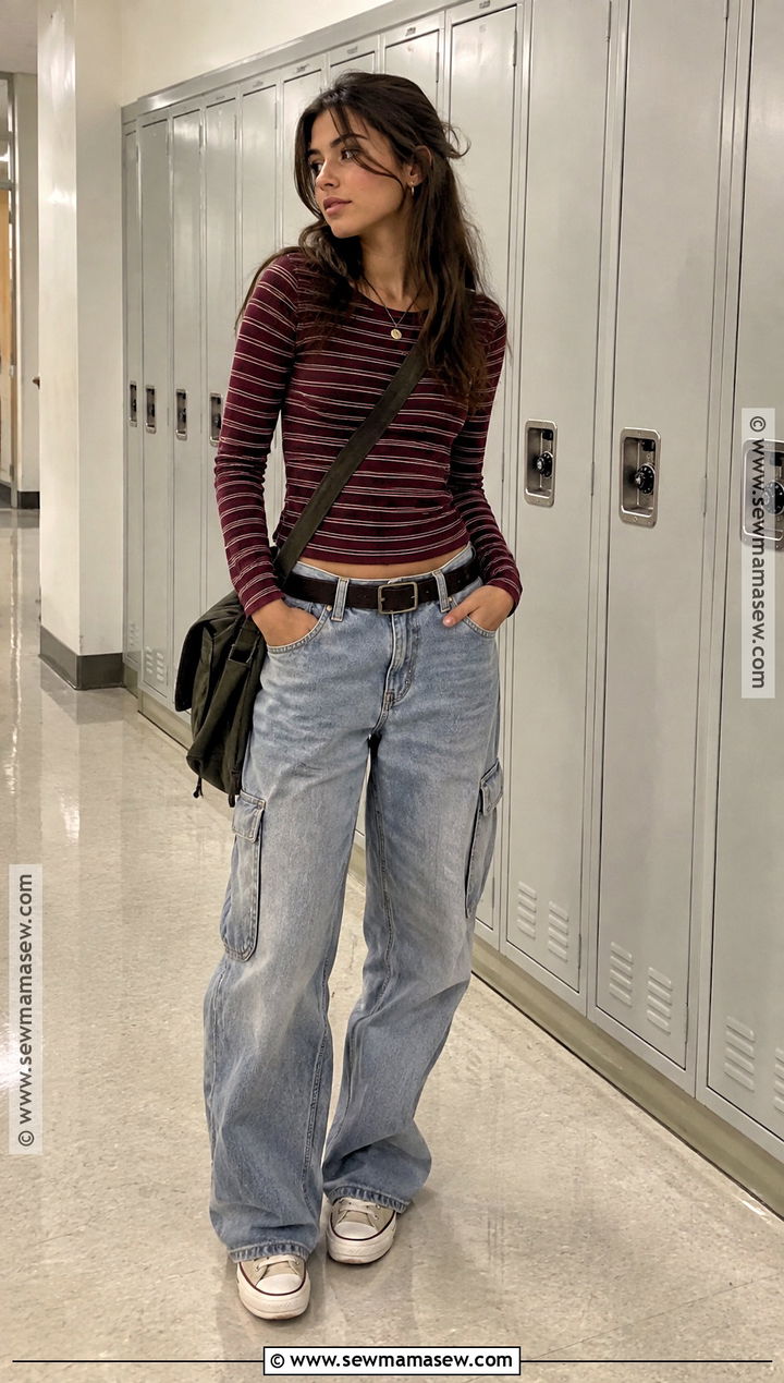 Striped Long Sleeve Top And Baggy Jeans Y2K Back To School Outfit - 20 y2k back to school outfits