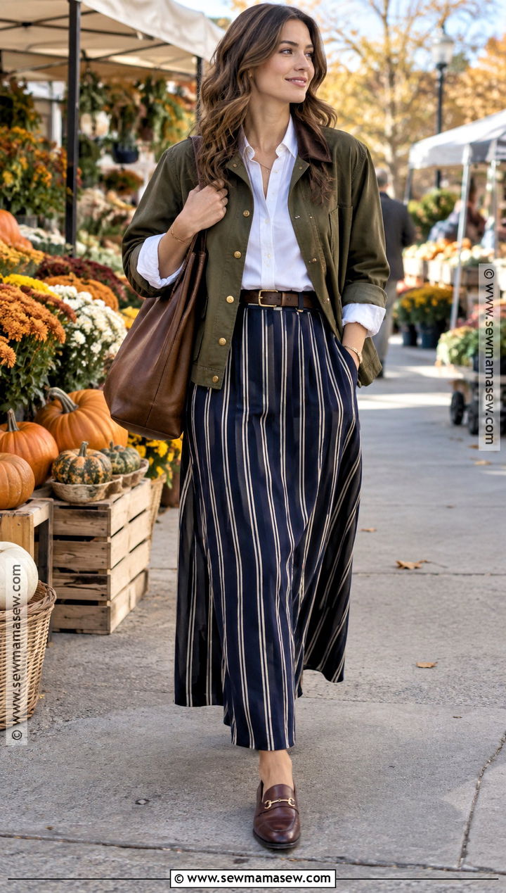 Striped Maxi Skirt With White Shirt And Barn Jacket - 20 fall skirts outfits