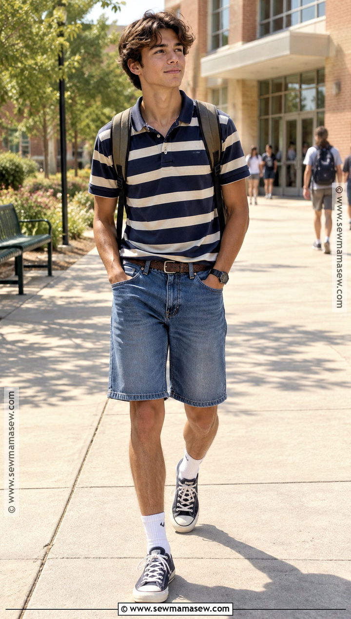 Striped Polo And Denim Shorts School Outfit - 15 back to school summer outfits highschool