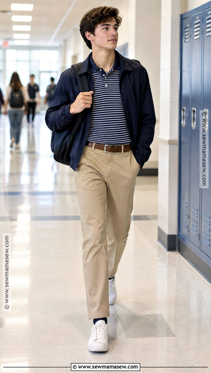 Striped Polo And Khaki Pants Uniform Outfit - 25 Back To School Uniform Outfits