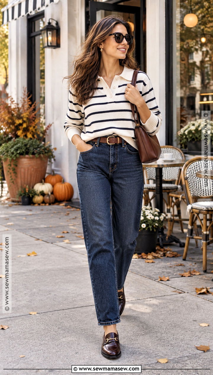 Striped Polo Sweater With Dark Wash Jeans - 20 autumn sweaters aesthetic