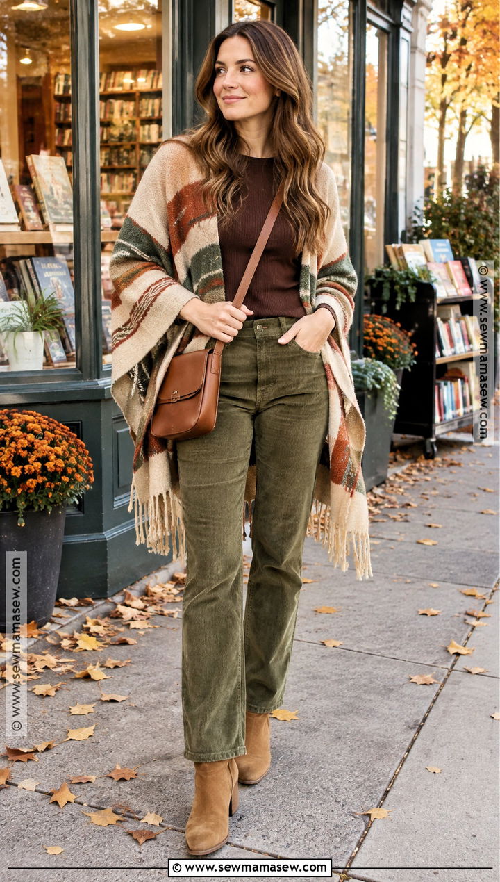 Striped Poncho With Corduroy Pants And Ankle Boots - 15 fall fashion poncho style ideas