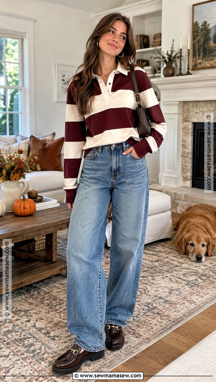 Striped Rugby Shirt And Baggy Jeans Outfit - 20 Thanksgiving Jeans Outfit