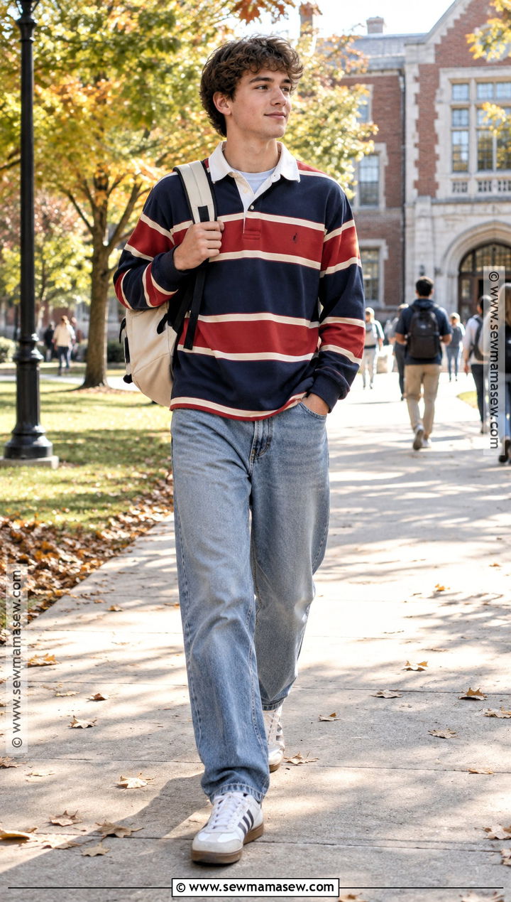 Striped Rugby Shirt And Loose Jeans School Outfit - 20 first day of school outfit fall ideas