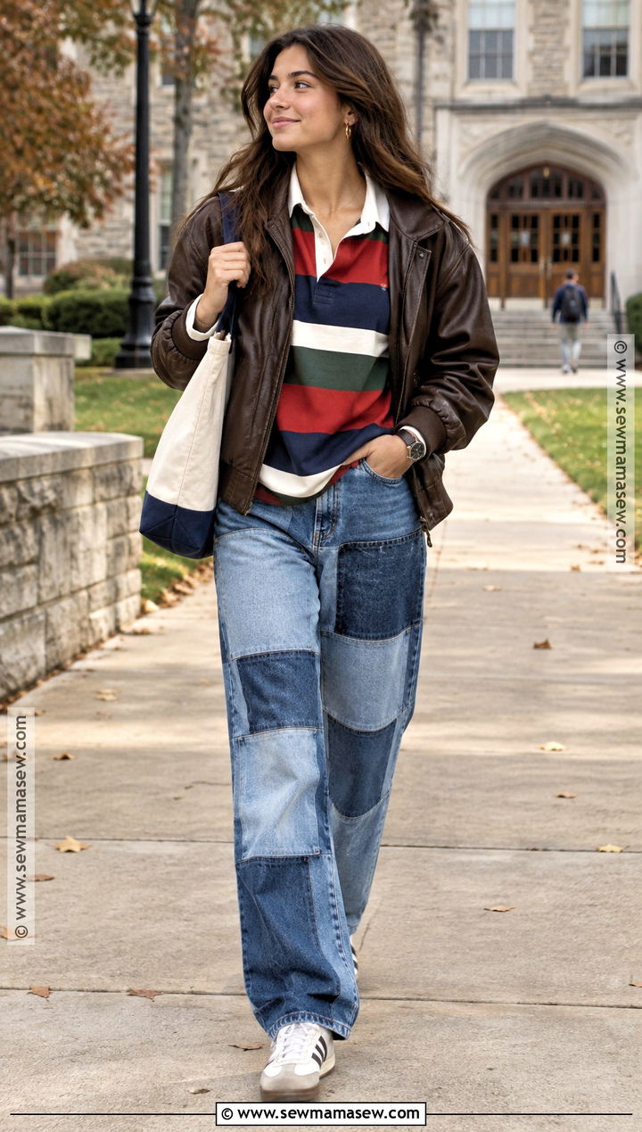Striped Rugby Shirt And Patchwork Jeans Fall Outfit - 20 punchy fall outfits