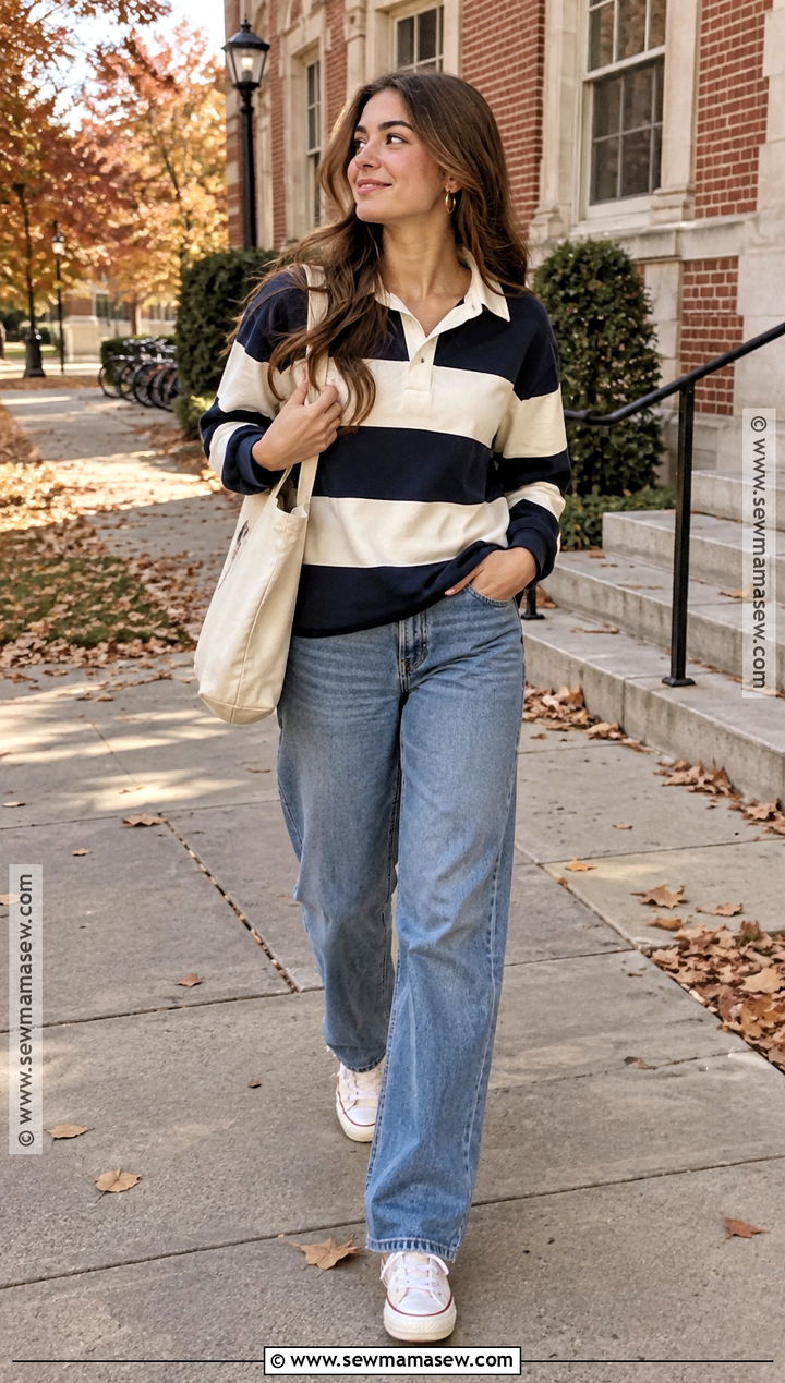 Striped Rugby Shirt And Relaxed Jeans School Outfit - 15 casual school fall outfits