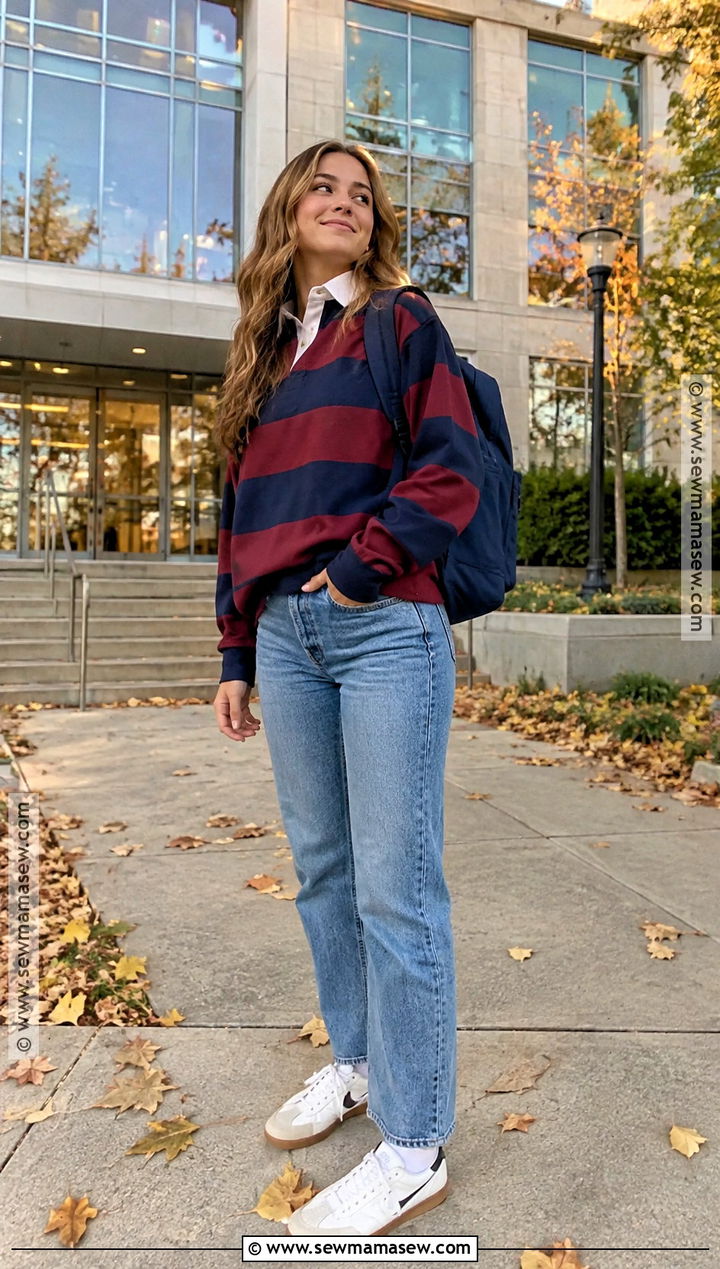 Striped Rugby Shirt And Straight Jeans Fall School Outfit - 15 Cute Fall Outfits For School Casual